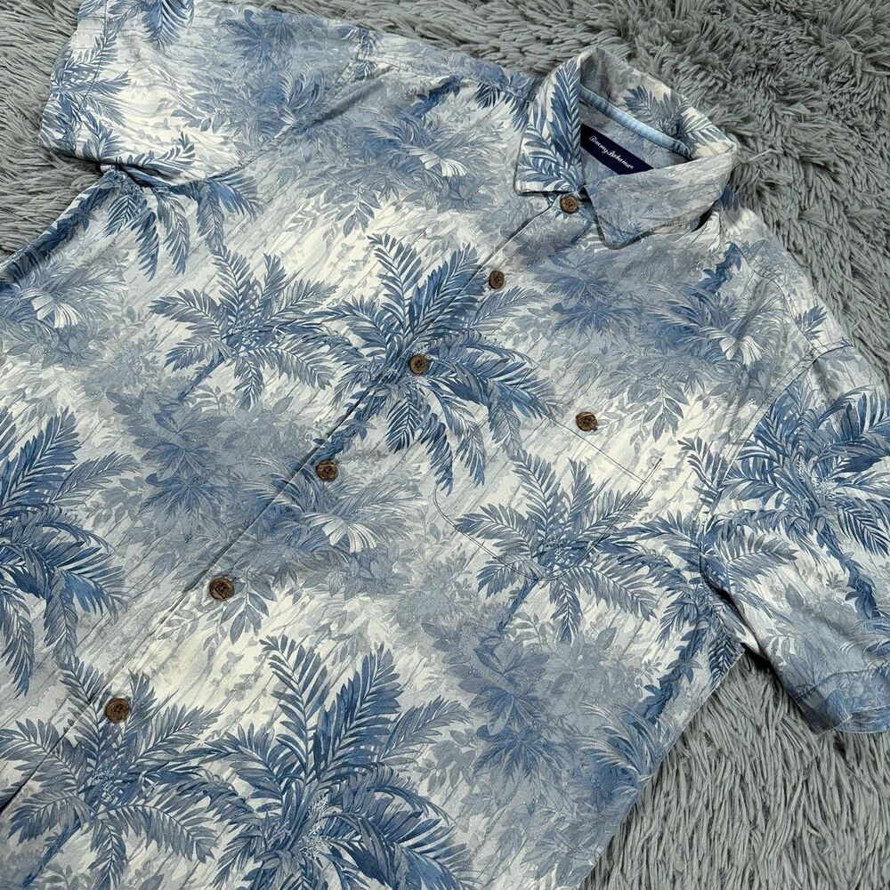 Tommy Bahama Shirt Large Blue Button Up Silk Palm Trees Tropical Resort Mens